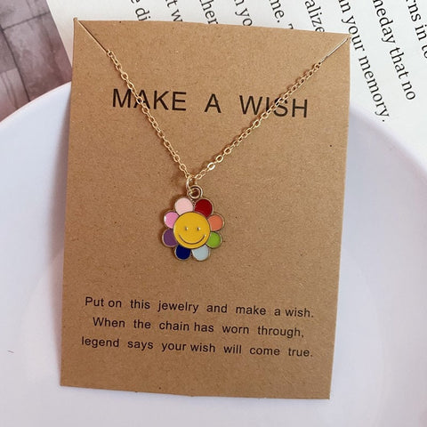 Make a Wish Friendship Necklace with Charm Rainbow flower Pendant, Rainbow Daisy necklace