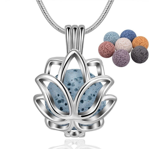 Lotus Volcanic Stone Necklace Aromatherapy Essential Oil Lava Stone Diffuser Necklace Jewelry for Women Gift 14mm Cage 7 Stones no oil incl