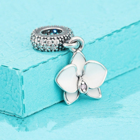 White Orchid Charm European style Bracelets, 925 Sterling Silver,Orchid Charm, Orchid Flower Gift