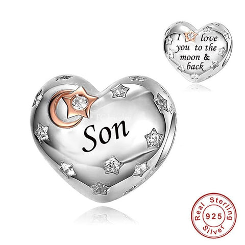 Son Heart Charm I Love You to the Moon & Back Heart 925 Silver Charm European style Bracelet, Necklace charm