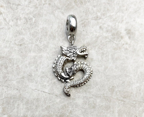 White CZ Dragon Charm European style Bracelets, 925 Sterling Silver, Dragon Jewelry, Dragon Lover Gift Dragon Pendant Dragon Keepsake