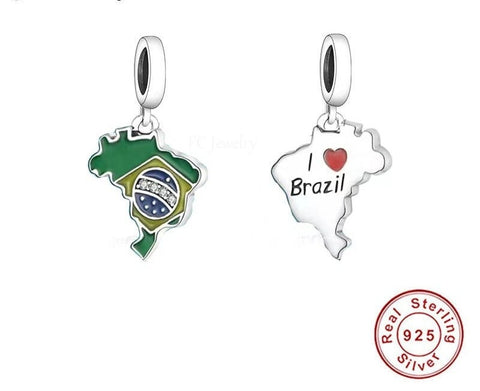 I love Brazil charm Brazil flag charm, 925 Sterling Silver, Brazil Jewelry, Brazil Gift Brazil Falg