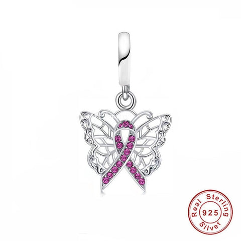 Butterfly With Pink Breast Cancer charm, Pink Ribbon charm pendant 925 Silver Charm Bracelet , Necklace Charm,925 Charm