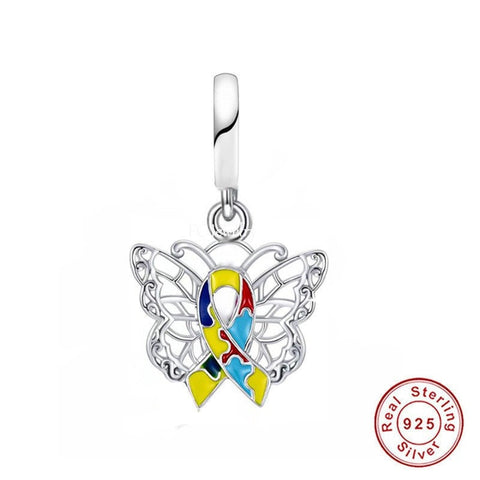 butterfly Autism Awareness Ribbon Bracelet Charm European style, 925 Sterling Silver, Autism Awareness Jewelry Gift, Autism Awareness