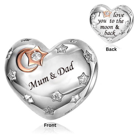 Mum Dad Heart Charm Genuine 925 Sterling Silver I Love You to the Moon & Back European style Bracelets 925 Sterling Silver