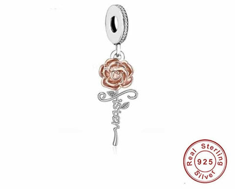 Sister Rose  Charm Sister Charm 925 Silver Charm European style Bracelet, Necklace charm, Sister gift