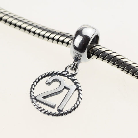 21st Birthday Celebration, 925 Sterling Silver 21st Birthday Dangle Charm Bead Landmark Birthday Fits all Charm Bracelets 21st heart charm