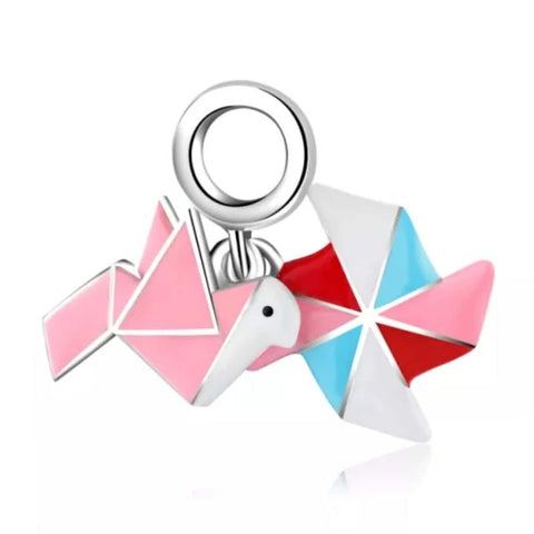 Orgami Dove Pinwheel Blue Pink White European charm 925 Sterling Silver, Orgami Jewelry, Orgami Lover, Dove Keepsake Souvenir,