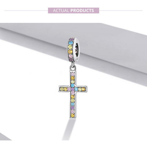 Colorful Cross Pendant Charm 925 Silver Charm European style Bracelet, Necklace charm, 925 Charm Religious gift, Cross charm