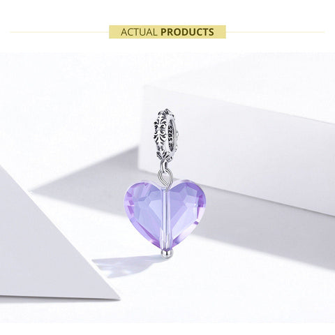 Purple Heart Charm Heart with flowers Dangle Charms 925 Silver Charm European style Bracelet, Necklace Charm, 925 Charm