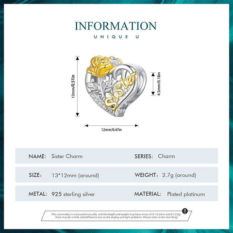 Sister Heart charm 925 Silver Charm European style Bracelet, Necklace Charm, 925 Charm, Gifts for her Heart Charm Sister Charm