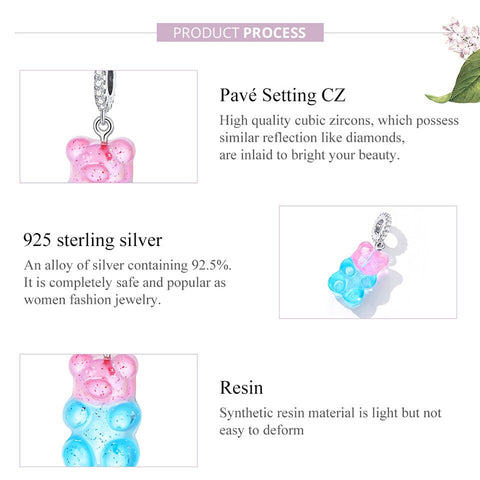 Gummy bear charm, Bear Charm Pink Blue Cute Bead Resin  European style Charm Sterling Silver Charm, Charm For Bracelet