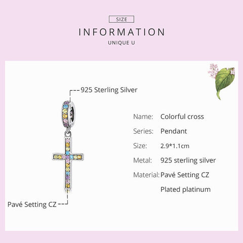 Colorful Cross Pendant Charm 925 Silver Charm European style Bracelet, Necklace charm, 925 Charm Religious gift, Cross charm