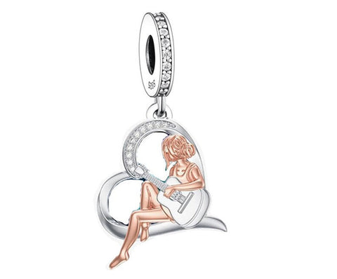 Girl playing Guitar charm ,925 Sterling Silver Music Charms 925 Silver Charm European style Bracelet , Necklace Charm, 925 Charm