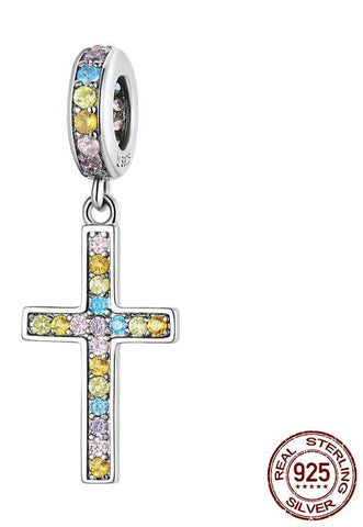 Colorful Cross Pendant Charm 925 Silver Charm European style Bracelet, Necklace charm, 925 Charm Religious gift, Cross charm