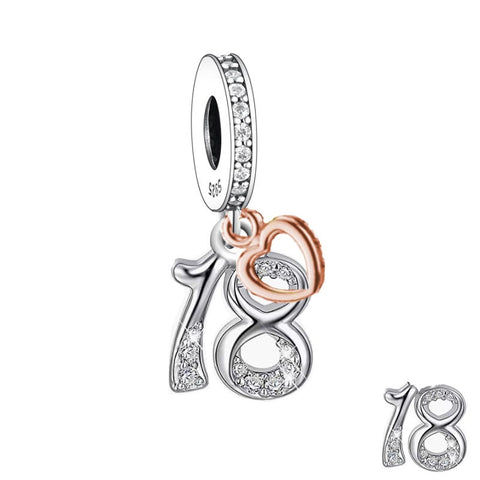 18th Birthday Celebration, 925 Sterling Silver  18th Birthday Dangle Charm Bead - Landmark Birthday - Fits all Charm Bracelets