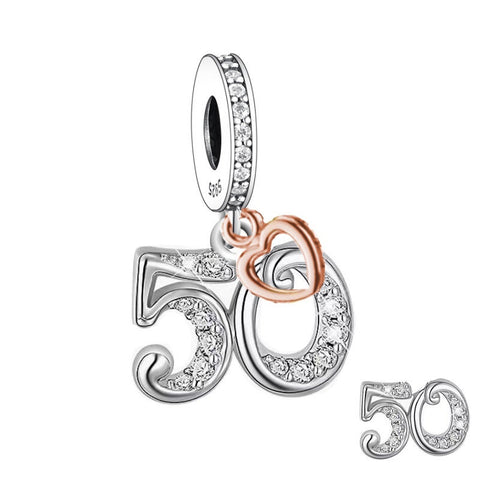 50th Birthday Celebration, 925 Sterling Silver 50th Birthday Dangle Charm Bead Landmark Birthday Fits all Charm Bracelets 50th Anniversary