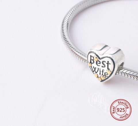 Best Wife Heart Charm Love you to the moon and back Heart 925 Silver Charm European style Bracelet, Necklace charm