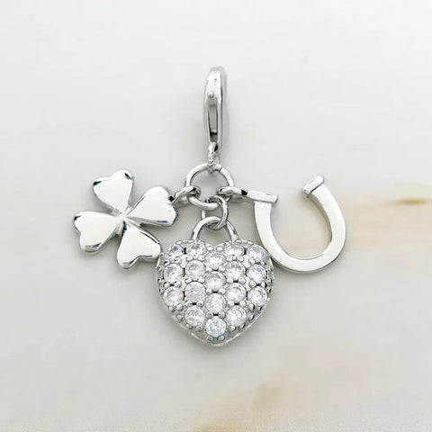 Four Clover charm, Lobster claw Horse shoe charm, Heart charm Cloverleaf Charm, 4 Leaf Clover 925 Silver Charm  Necklace Charm