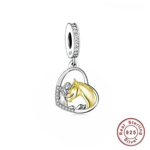 Heart Charm Girl and her Horse Charm Love Horses charm 925 Silver Charm European style Bracelet , Necklace Charm, 925 Charm