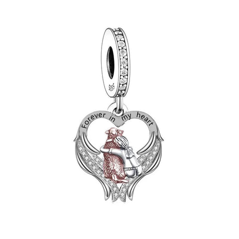 Forever In My Heart Dog Angel Wings Charm 925 Sterling Silver & Rose Gold - Memorial Charm