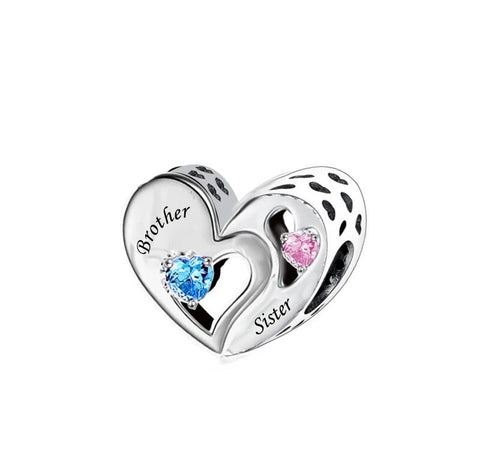 Brother and Sister Heart Charm Forever Friends Heart 925 Silver Charm European style Bracelet, Necklace charm