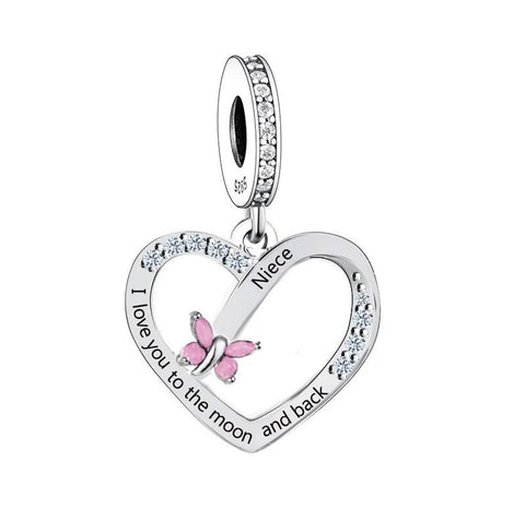 Niece Heart Charm I Love You to the Moon & Back Heart 925 Silver Charm European style Bracelet, Necklace charm