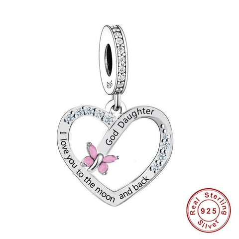 God daughter Heart Charm Love you to the moon and back Heart 925 Silver Charm European style Bracelet, Necklace charm