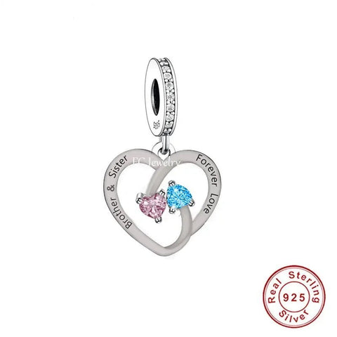 Brother and Sister Heart Charm Forever Heart 925 Silver Charm European style Bracelet, Necklace charm