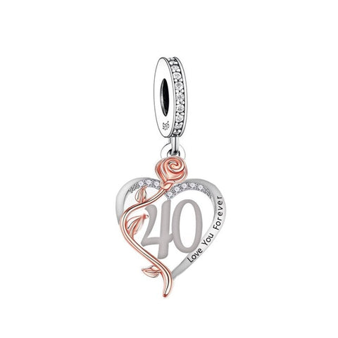 40th Birthday I Love You Forever, Celebration  925 Sterling Silver 40th Birthday Dangle Charm Bead Landmark Birthday 40th heart charm