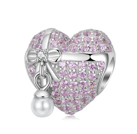 Love Heart Gift Sparkling CZ Stones Heart 925 Sterling Silver Charm, Birthday Anniversary Wedding Engagement Gifts Romantic Love