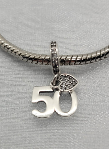 50th Birthday Celebration, 925 Sterling Silver 50th Birthday Dangle Charm Bead Landmark Birthday Fits all Charm Bracelets 50th Anniversary