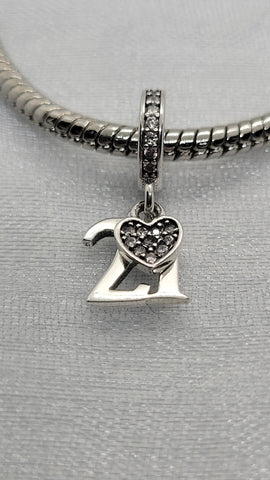 21st Birthday Celebration, 925 Sterling Silver 21st Birthday Dangle Charm Bead Landmark Birthday Fits all Charm Bracelets 21st heart charm