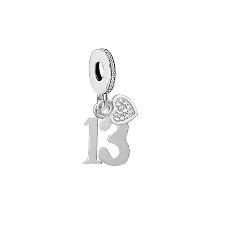 Teenager Birthday 13th Birthday 925 Sterling Silver 13th Birthday Charm Bead Landmark Birthday Fits all Charm Bracelets Heart charm