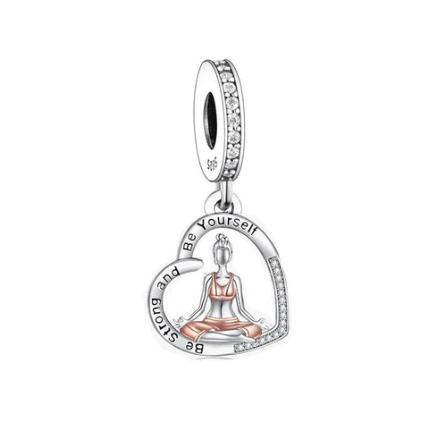 Yoga Charm Meditation charm 925 Silver Charm Fits European Bracelet Necklace Charm 925 Charm Heart charm Be Strong and Be Yourself