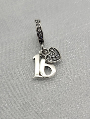 Sweet 16th Birthday 925 Sterling Silver 16th Birthday Dangle Charm Bead Landmark Birthday Fits all Charm Bracelets Heart charm