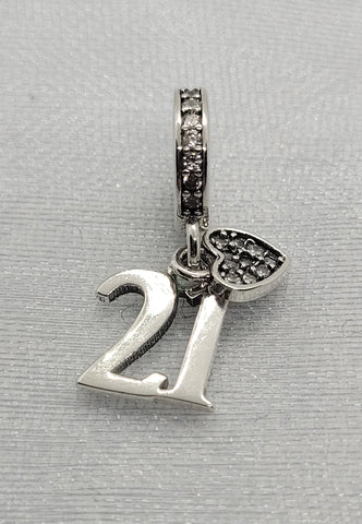 21st Birthday Celebration, 925 Sterling Silver 21st Birthday Dangle Charm Bead Landmark Birthday Fits all Charm Bracelets 21st heart charm