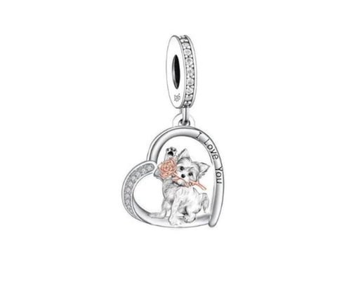 Yorkshire Terrier Charm, Yorkie charm, Puppy Love, 925 Sterling Silver I Love You Dangle Charm Fits all Charm Bracelets