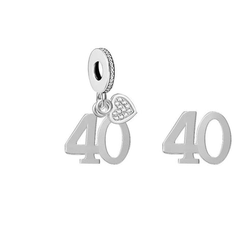 40th Birthday Celebration, 925 Sterling Silver 40th Birthday Dangle Charm Bead Landmark Birthday Fits all Charm Bracelets 40th heart charm