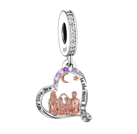 Loving Family Charm 925 Sterling Silver, Mom Dad Children Jewelry, Mom, dad son daughter charm- Love your to the moon and back