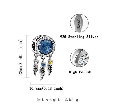 Bohemian Dream Catcher Feather Dangle Pendant Charm Sterling Silver 925 With Cubic Zirconia Charm Bracelets Dreamcatcher