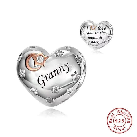 Granny Heart Charm I Love You to the Moon & Back Heart 925 Silver Charm European style Bracelet, Necklace charm