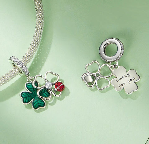 Green Four Clover Cloverleaf Charm, 4 Leaf Clover 925 Silver Charm , Necklace Charm, Bracelet charm, 925 Charm, Gifts for her