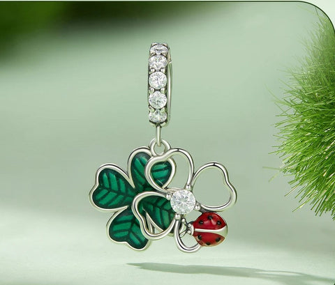 Green Four Clover Cloverleaf Charm, 4 Leaf Clover 925 Silver Charm , Necklace Charm, Bracelet charm, 925 Charm, Gifts for her