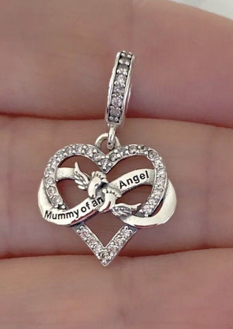 Mummy Of An Angel Charm Heart Pendant 925 Sterling Silver Wings Baby Feet, 925 Sterling Silver, Pregnancy Loss Gift