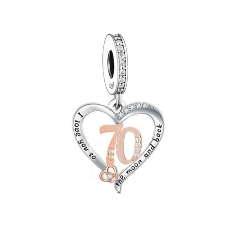 70th Birthday Celebration, 925 Sterling Silver 70th Birthday I love you to the Moon and Back  Birthday Fits all Charm Bracelets 70th gift