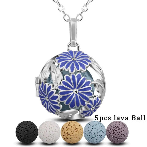 Cornflower Cage Locket Volcanic Stone Necklace Aromatherapy Essential Oil Lava Stone Diffuser Necklace Jewelry for Women Gift 18mm Cage