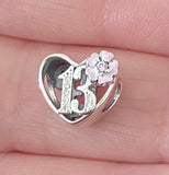 Teenager Birthday 13th Birthday 925 Sterling Silver 13th Birthday Charm Bead Landmark Birthday Fits all Charm Bracelets Heart charm