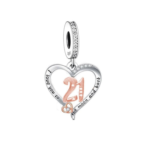 21st Birthday Celebration, 925 Sterling Silver 21st Birthday I love you to the Moon and Back  Landmark Birthday Bracelets 21st heart charm