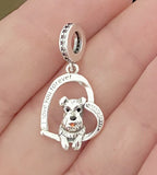 Schnauzer Dangle charm Dog Love you forever Charms 925 Silver Charm European style Bracelet Necklace  925 Charm Gifts for her Heart charm